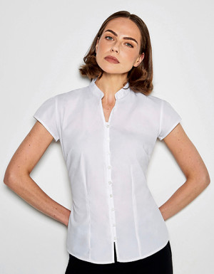Kustom Kit Tailored Fit Mandarin Collar Poplin Blouse Cap Sleeve