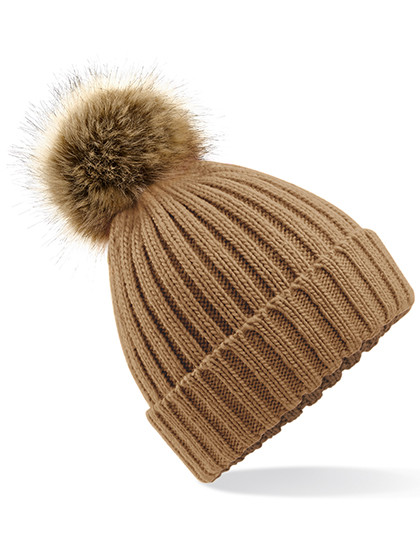 Beechfield Faux Fur Pop Pom Chunky Beanie Biscuit