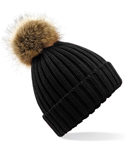 Beechfield Faux Fur Pop Pom Chunky Beanie Black