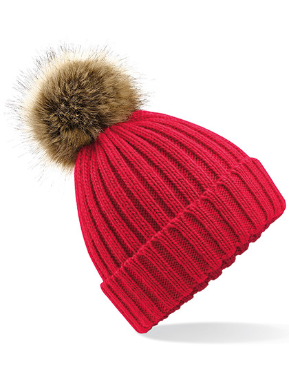 Beechfield Faux Fur Pop Pom Chunky Beanie Classic Red