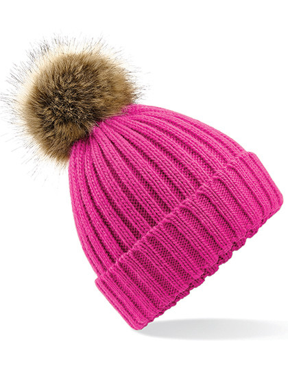 Beechfield Faux Fur Pop Pom Chunky Beanie Fuchsia