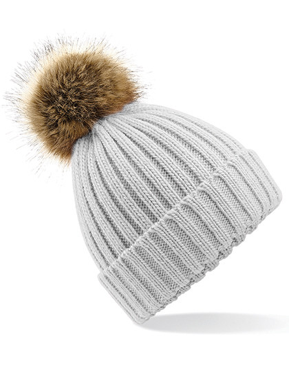 Beechfield Faux Fur Pop Pom Chunky Beanie Light Grey