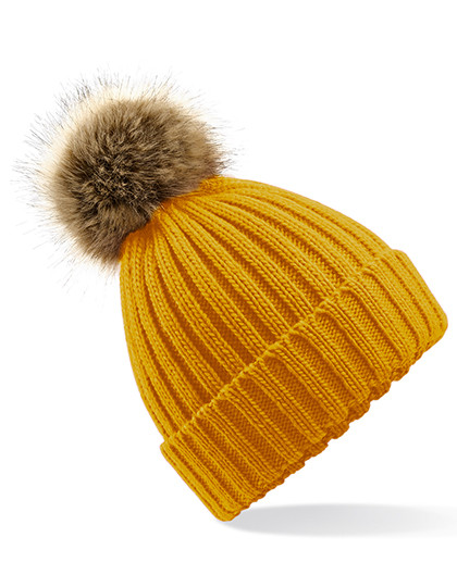 Beechfield Faux Fur Pop Pom Chunky Beanie Mustard