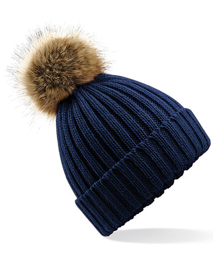 Beechfield Faux Fur Pop Pom Chunky Beanie Navy