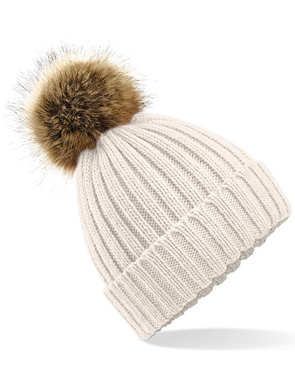 Beechfield Faux Fur Pop Pom Chunky Beanie Oatmeal