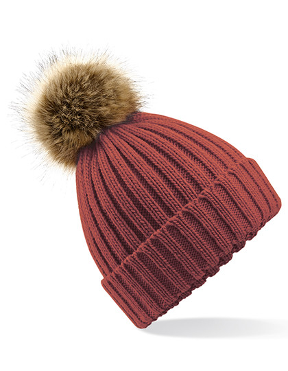Beechfield Faux Fur Pop Pom Chunky Beanie Orange Rust