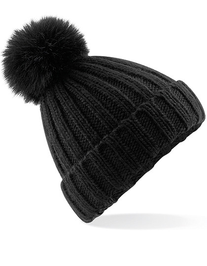 Beechfield Verbier Faux Fur Pop Pom Chunky Beanie Black