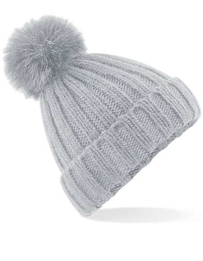 Beechfield Verbier Faux Fur Pop Pom Chunky Beanie Light Grey