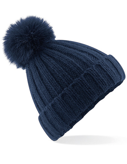 Beechfield Verbier Faux Fur Pop Pom Chunky Beanie Navy