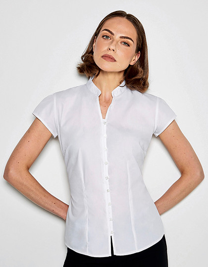 Kustom Kit Tailored Fit Mandarin Collar Poplin Blouse Cap Sleeve
