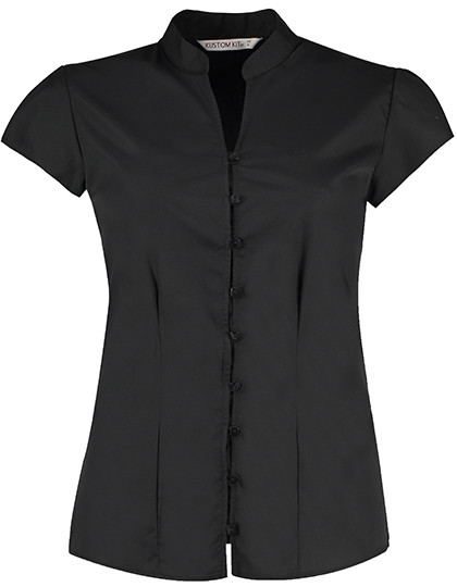 Kustom Kit Tailored Fit Mandarin Collar Poplin Blouse Cap Sleeve Black