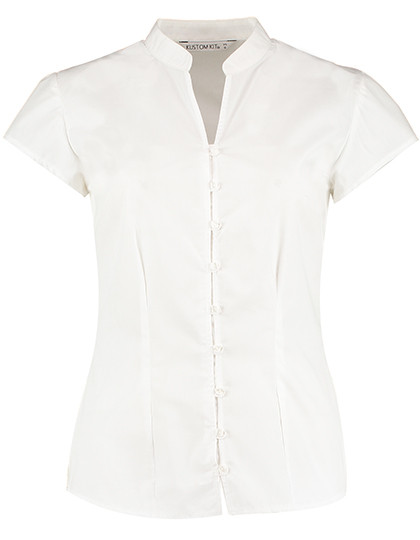 Kustom Kit Tailored Fit Mandarin Collar Poplin Blouse Cap Sleeve White