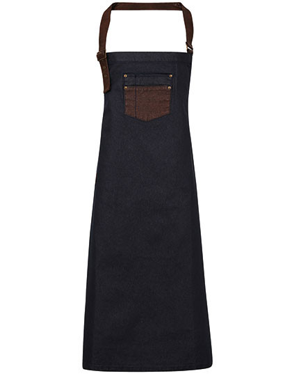 Premier Workwear Division Waxed Look Denim Bib Apron With Faux Leather Indigo Denim (ca. Pantone 2767C)