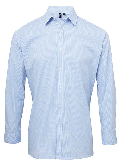 Premier Workwear Men´s Microcheck (Gingham) Long Sleeve Cotton Shirt Light Blue (ca. Pantone 7451C)