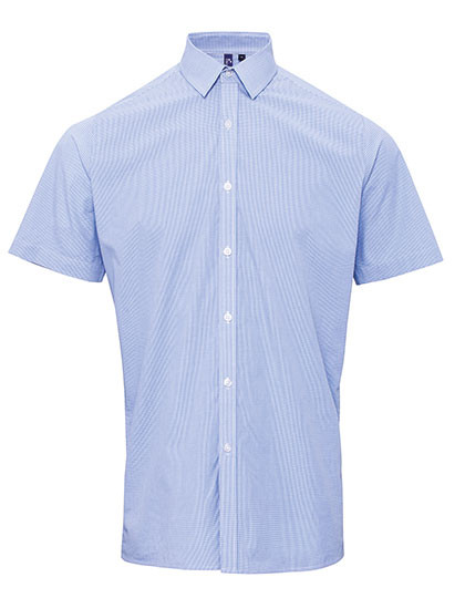 Premier Workwear Men´s Microcheck (Gingham) Short Sleeve Cotton Shirt Light Blue (ca. Pantone 2717C)