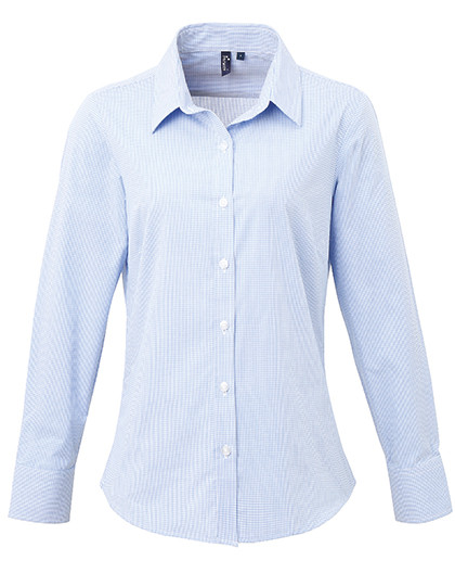 Premier Workwear Women´s Microcheck (Gingham) Long Sleeve Cotton Shirt Light Blue (ca. Pantone 7451C)