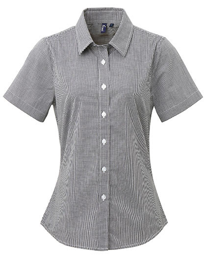 Premier Workwear Women´s Microcheck (Gingham) Short Sleeve Cotton Shirt Black (ca. Pantone Black C)
