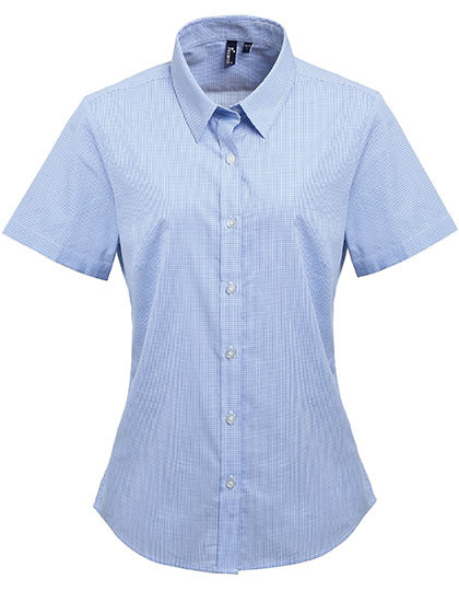 Premier Workwear Women´s Microcheck (Gingham) Short Sleeve Cotton Shirt Light Blue (ca. Pantone 2717C)