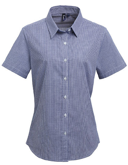 Premier Workwear Women´s Microcheck (Gingham) Short Sleeve Cotton Shirt Navy (ca. Pantone 2378C)